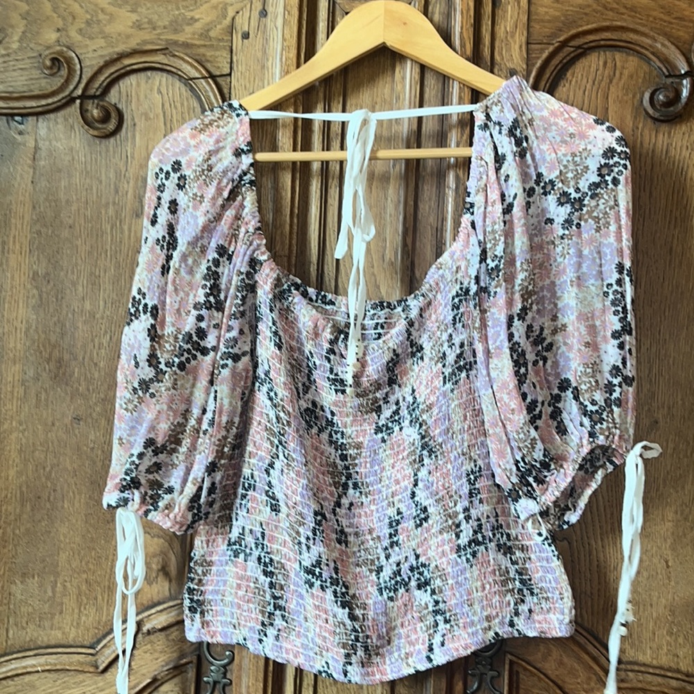 Free People Smocked Square Neck Crop Top in Pastel Floral Print - Picture 10 of 15